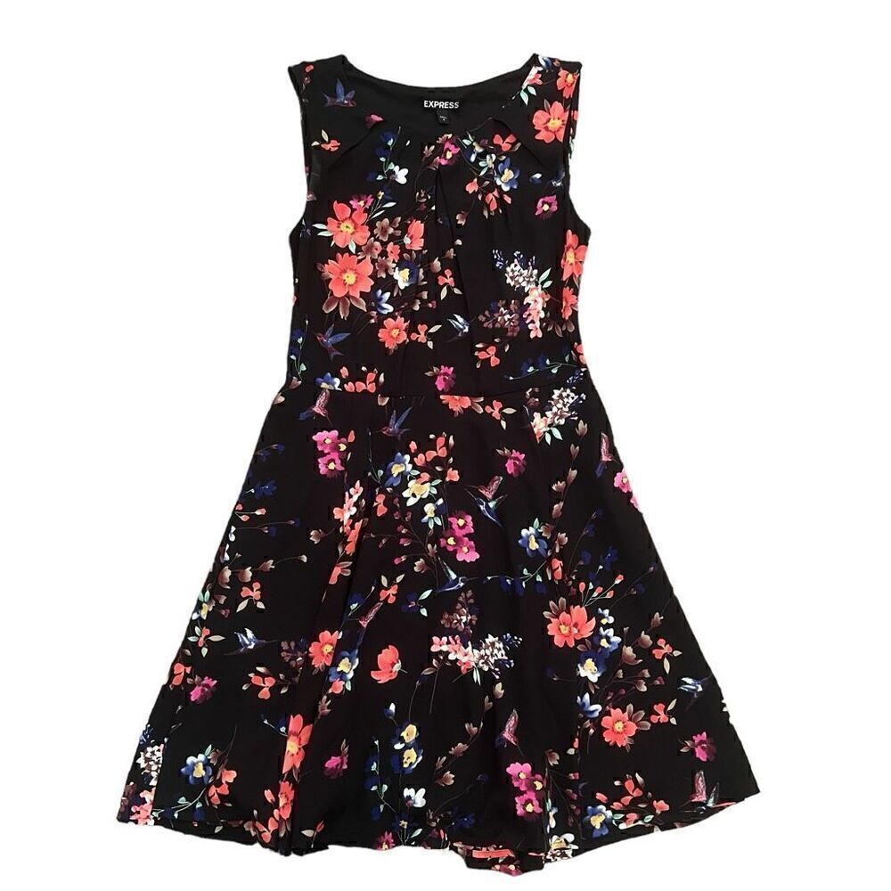 EXPRESS Fit & Flare Black Floral Print Dress Size 4